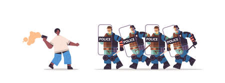 policemen in full tactical gear riot police attacking african american protester during clashes demonstrationのイラスト素材