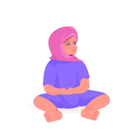 cute little child playing arabic baby girl sitting pose female cartoon character full lengthのイラスト素材