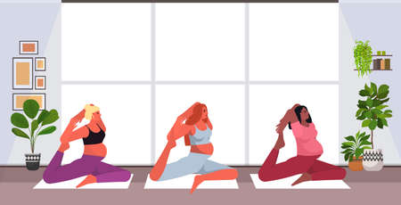 mix race pregnant women doing yoga fitness exercises training healthy lifestyle conceptのイラスト素材