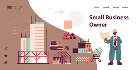 african american architect in helmet holding blueprints construction of buildings conceptのイラスト素材