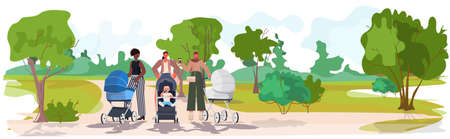 mix race mothers walking with newborn babies in strollers motherhood concept urban park landscapeのイラスト素材