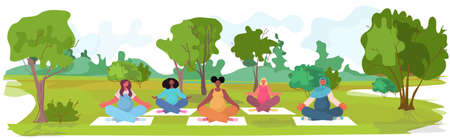 pregnant women doing yoga fitness exercises training healthy lifestyle concept girls meditating in parkのイラスト素材