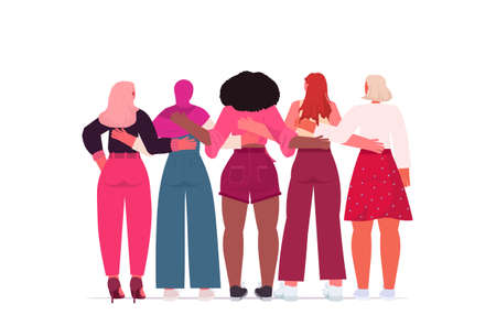 mix race girls standing together female empowerment movement women power conceptのイラスト素材
