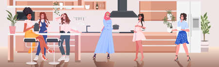 mix race pregnant women discussing during meeting girls spending time together pregnancy motherhood friendshipのイラスト素材