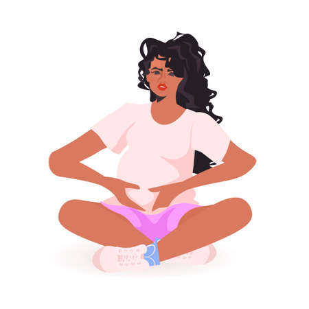 young african american pregnant woman sitting and holding her belly pregnancy motherhood conceptのイラスト素材