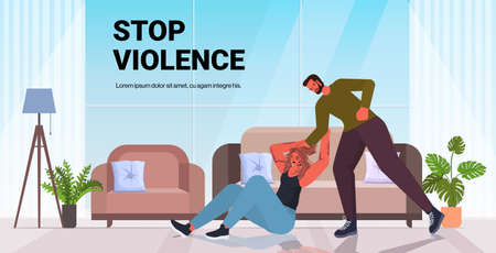 angry husband punching and hitting wife stop domestic violence aggression conceptのイラスト素材
