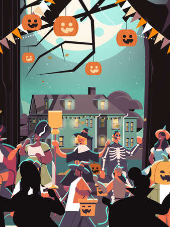 mix race people in costumes walking in town trick or treat happy halloween celebration coronavirus quarantine conceptのイラスト素材