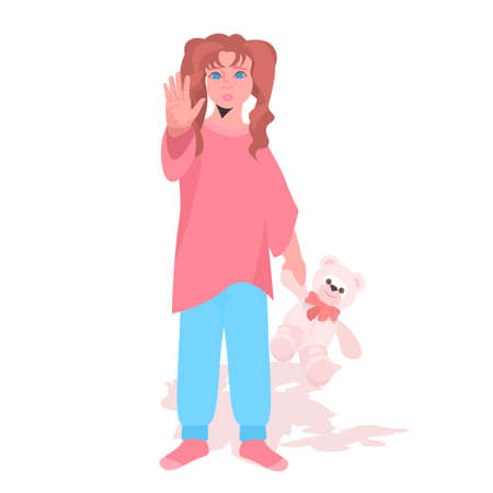 scared terrified child with teddy bear stop family violence aggression concept little girl cryingのイラスト素材