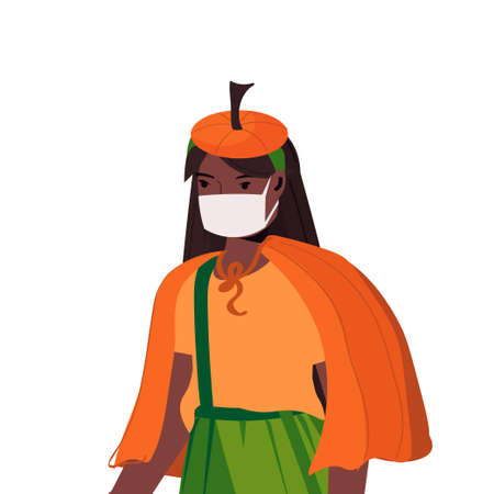 girl in mask wearing pumpkin costume halloween party celebration coronavirus quarantine conceptのイラスト素材