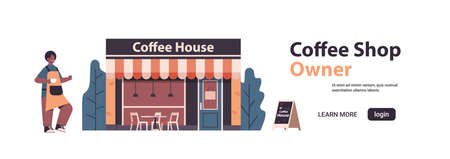 male barista in uniform coffee shop owner in apron standing near coffee houseのイラスト素材