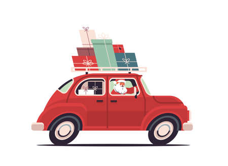 santa claus delivering gifts on red car merry christmas happy new year holidays celebration conceptのイラスト素材