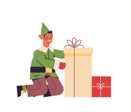 green elf guy holding gift box male santa helper happy new year merry christmas holidays celebrationのイラスト素材