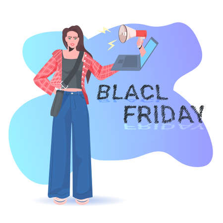 young woman holding laptop with loudspeaker black friday shopping big sale promotion conceptのイラスト素材
