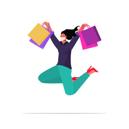 woman in mask jumping with shopping bags black friday big sale promotion discount coronavirus quarantineのイラスト素材