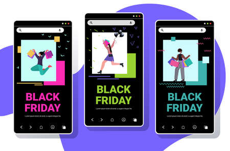 set mix race women in masks holding shopping bags black friday big sale coronavirus quarantine