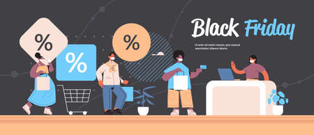 people in masks with shopping bags standing line queue to cash desk black friday sale coronavirus quarantineのイラスト素材