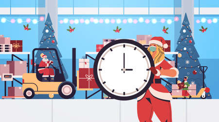 santa claus with elf and santa woman preparing gifts on happy new year merry christmas winter holidays celebrationのイラスト素材