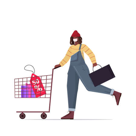 woman in protective mask pushing trolley cart with gift box black friday shopping big sale coronavirus quarantineのイラスト素材