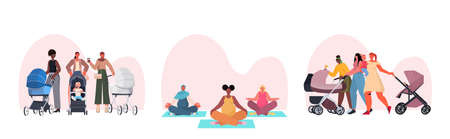 set mix race mothers walking with newborn babies in strollers and doing yoga exercises motherhood conceptのイラスト素材
