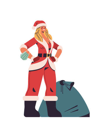woman in santa claus costume standing near sack full of gifts happy new year merry christmas holiday celebrationのイラスト素材