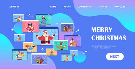 set mix race people discussing during video call happy new year merry christmas holidays celebration
