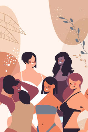 mix race women of different height figure type and size standing together love your body conceptのイラスト素材