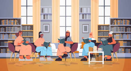 group of mix race women sitting together and reading books modern book club interiorのイラスト素材