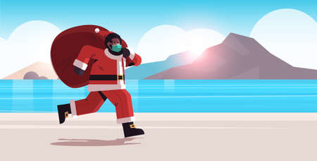 santa claus in mask running on sea beach with sack full of gifts new year merry christmas holidays celebrationのイラスト素材