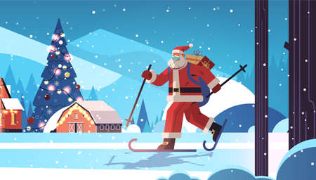 santa claus in mask skiing with gift boxes happy new year merry christmas holidays celebration conceptのイラスト素材