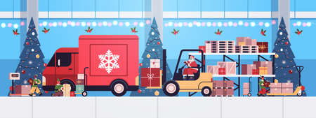 santa in mask forklift truck loading colorful gifts in lorry truck merry christmas happy new year express deliveryのイラスト素材