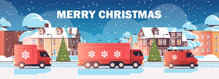 lorry trucks delivering gifts merry christmas happy new year winter holidays celebration express delivery serviceのイラスト素材