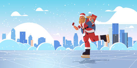 skating woman in santa claus costume with sack full of gifts happy new year merry christmas holiday celebrationのイラスト素材