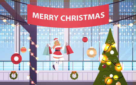 santa woman with gifts walking in shopping mall decorated for merry christmas new year holidays celebrationのイラスト素材