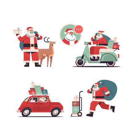 set santa claus delivering gifts merry christmas happy new year holidays celebration conceptのイラスト素材