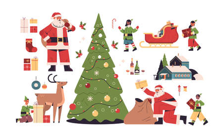 new year elements set merry christmas holidays celebration concept different icons collection full length horizontal vector illustrationのイラスト素材