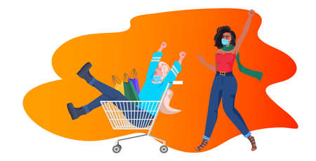 mix race girls with shopping bags having fun black friday big sale coronavirus quarantine conceptのイラスト素材