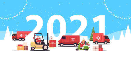 different vehicles delivering gifts merry christmas 2021 new year holidays celebration delivery...