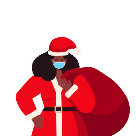 santa woman in mask holding sack full of gifts new year christmas holidays celebration coronavirus quarantineのイラスト素材