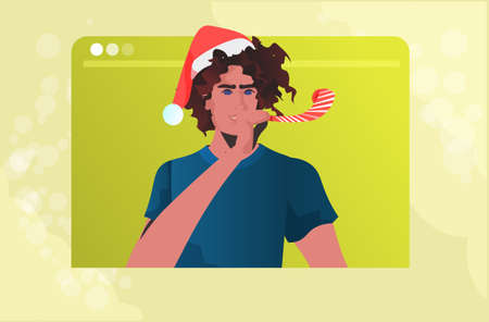 man in festive santa hat celebrating new year and christmas holidays guy in web browser window having funのイラスト素材