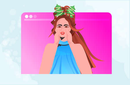 woman in festive hat celebrating new year and christmas holidays girl in web browser window having...