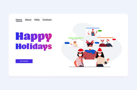 multi generation family in santa hats discussing during video call coronavirus quarantine conceptのイラスト素材