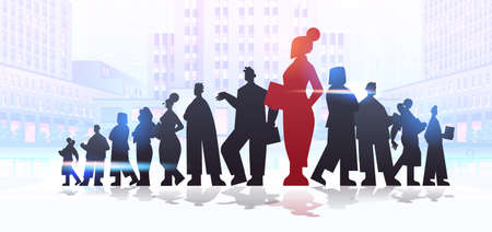 red businesswoman leader silhouette standing in front of businesspeople group leadership business competitionのイラスト素材