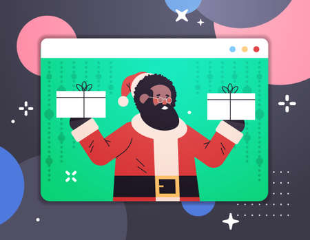 african american santa claus holding gifts happy new year merry christmas holidays celebration conceptのイラスト素材