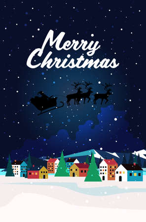 santa flying in sledge with reindeers in night sky over village houses happy new year merry christmas bannerのイラスト素材