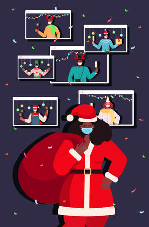 santa woman in mask discussing with people during video call new year christmas holidays celebrationのイラスト素材