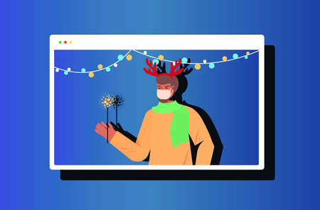 man in horns holding sparkler new year christmas holidays celebration girl in web browser window having funのイラスト素材