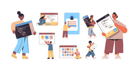 set mix race web developers creating program code application development software programming conceptのイラスト素材
