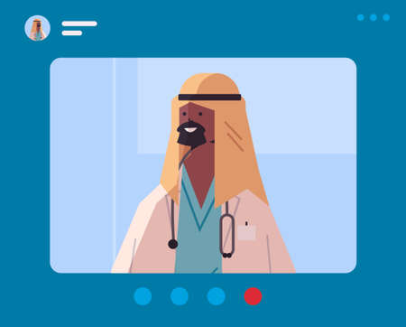 male black muslim doctor in web browser window having virtual conference medicine healthcare conceptのイラスト素材