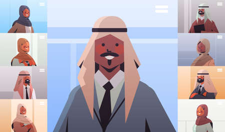 arab businessman discussing during video call with arabic businesspeople in web browser windows...