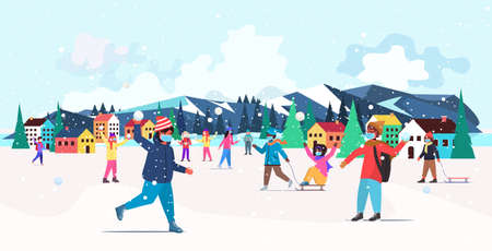 mix race children in masks having winter fun outdoors leisure and activities coronavirus quarantine...